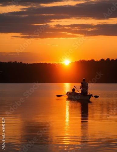 Person rows a boat through the calm waters of the lake, the sun setting in the distance