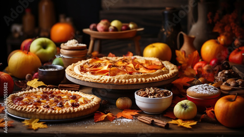 delightful assortment of homemade autumn pies featuring pumpkin, apple, and pecan on a rustic wood surface