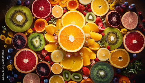 Citrus fruit background  orange  grapefruit  kiwi and lemon  created with ai generative technology