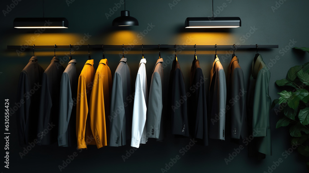 The wall is adorned with a stylish clothing rack