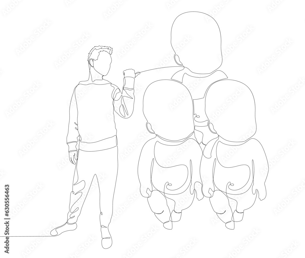 One continuous line of Man pointing with finger at Baby. Thin Line Illustration vector concept. Contour Drawing Creative ideas. One continuous line of Man pointing with finger at Baby. Thin Line Illustration vector concept. Contour Drawing Creative ideas.