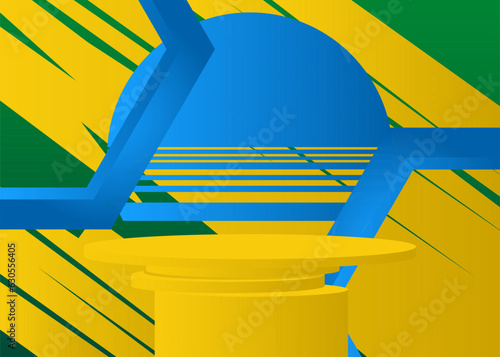 Blue, green and yellow vector product display. Mockup cylinder pedestal podium. Minimal geometric stage showcase for presentation.