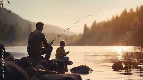 father and his child are fishing by the river in the morning
