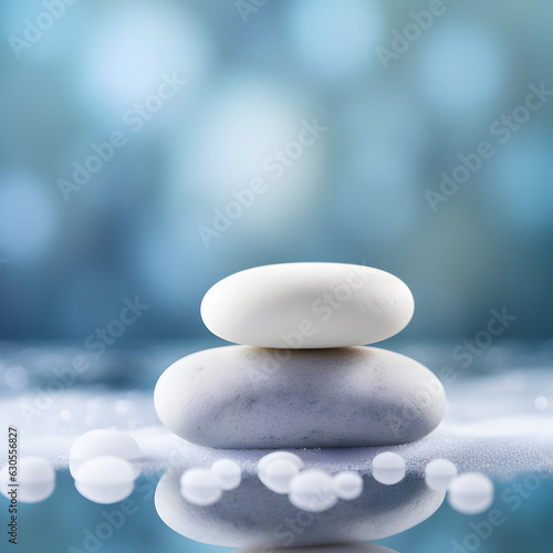 Beautiful white and gray stones are stacked on a blue mirror. Adjacent to them are small  translucent white stones. The concept of Zen and balance.