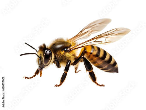 A close up of a honeybee isolated on white background. Macro Insect, Concept of Food Industry, or Beekeeping.