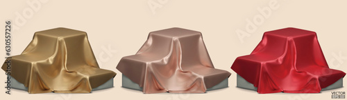 Set of Podium covered with a piece of beige, gold,red silk isolated on background. Realistic box covered with cloth. Podium for product, cosmetic presentation. 3d vector illustration.