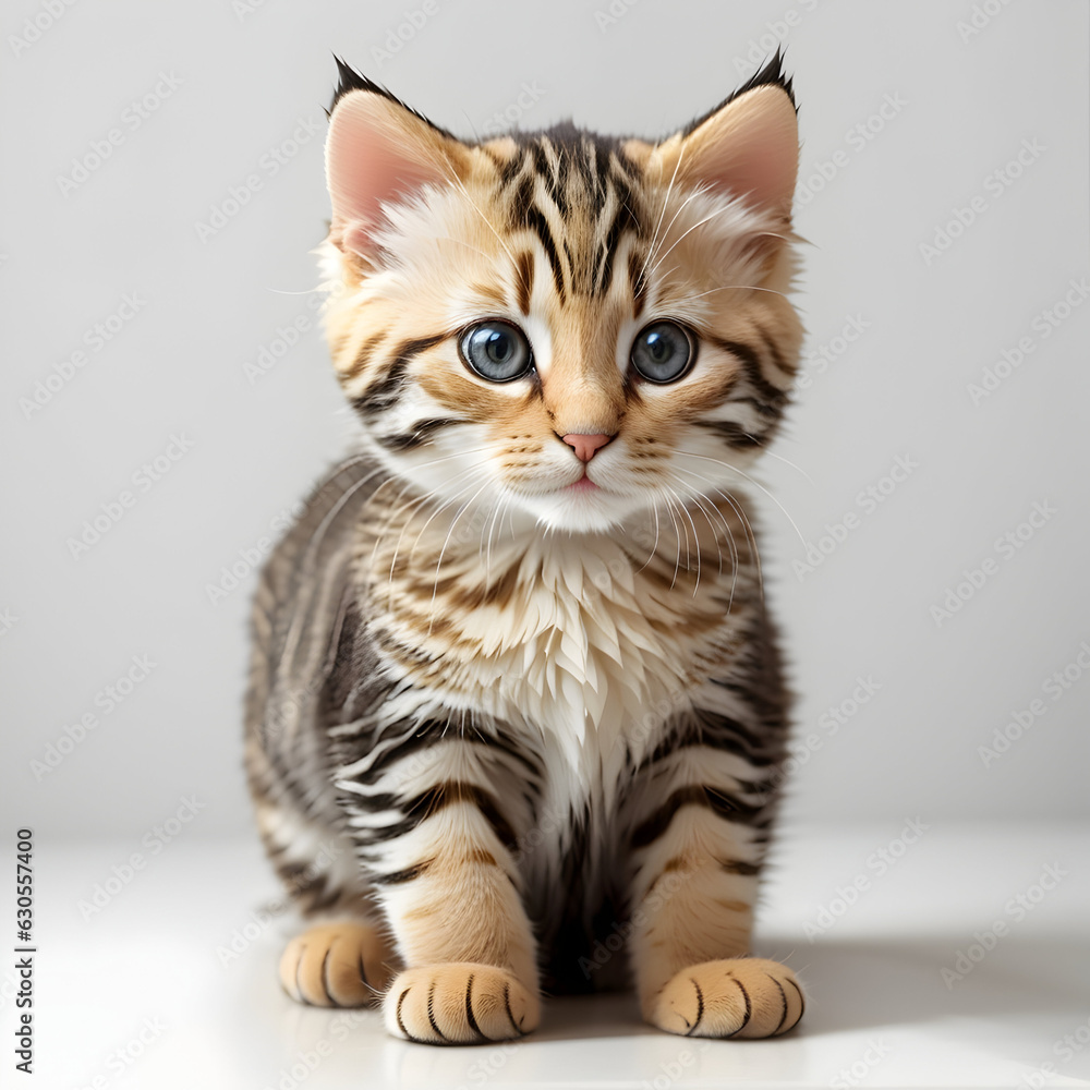 Cute bengal kitten with blue eyes sitting on gray background