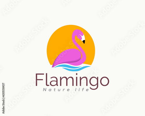 abstract flamingo with water sun background logo template illustration inspiration