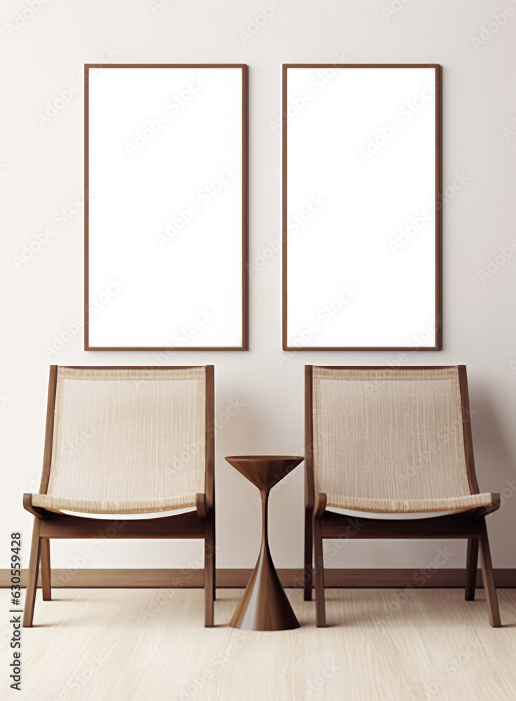 Modern interior with two empty frames and double chairs. Modern interior with two empty frames and double chairs.