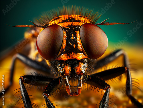 Super macro of a robber fly on nature background, macro photography, Generative AI. 