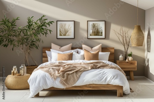 The interior of the bedroom consisting of modern furniture is clean and tidy decorated with potted plants on the bedside table a peaceful and comfortable atmosphere.