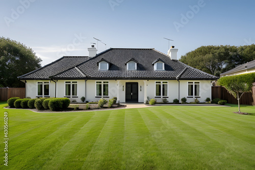 White family house with black pitched roof tiles, and beautiful front yard with green lawn. Outside view