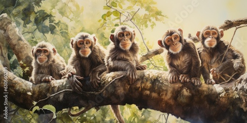 illustration of a group of monkeys hanging on trees in a forest  generative AI