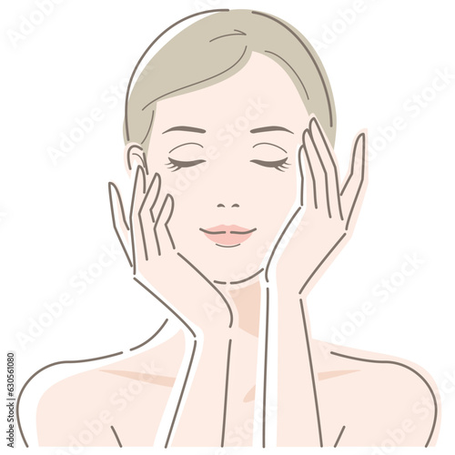 Young woman touches her cheek with her finger, closed eyes and smile. Vector illustration in line drawing, isolated on white background.