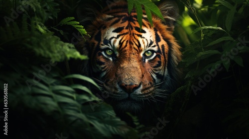 A tiger lurks in the dense jungle, hiding in the shadows of the trees, staring ahead with keen eyes, waiting for its prey to appear.