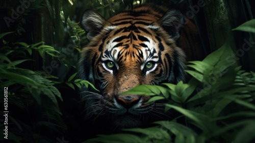 A tiger lurks in the dense jungle, hiding in the shadows of the trees, staring ahead with keen eyes, waiting for its prey to appear. © Pro Hi-Res