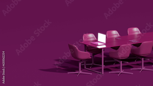 Viva magenta is a trend colour year 2023 in the office. Business teamwork concept. Employee working on computer. There are desktops on the tables.Creative interior design. 3d render 