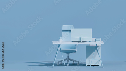 Blue monochrome minimal office table desk. Concept for study desk and workspace with screen desktop. Flat lay style. Mockup template. 3d render	