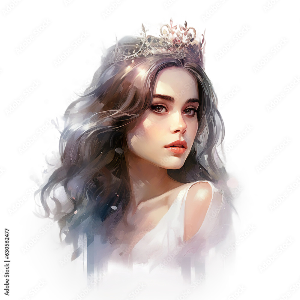 Princess watercolor clipart with white dress, golden queen crown black ...