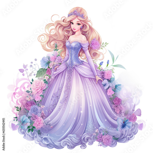 Little Princess watercolor clipart with brown hair, pink flowers, long dress, look like doll