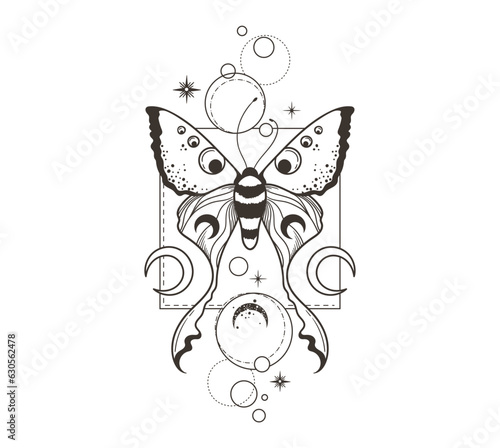 Magic celestial butterfly and moon silhouettes clipart, mystic space moth with crescent moon, black and white insects composition in vector, isolated element for t-shirt, poster, postcards