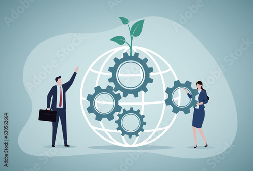 ESG, Environmental, Social and Corporate Governance, company responsibility to care world environment and people concept, business people touch earth with seedling green plant and governance gear