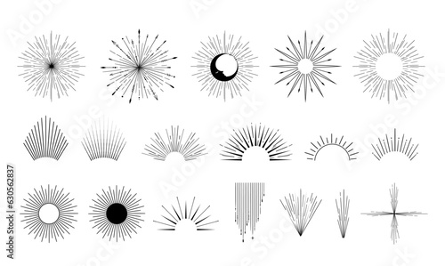 Mystical space bodies - moon, crescent, sun, halo, stars and radiant objects sacred elements black line silhouttes, magic unreal design items set, original hand drawn isolated clip art vector bundle