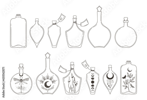 Magic masson jar with mystical plants, insects and crescent moon bundle, hand drawn glass bottles and celestial flowers vector black and white images set