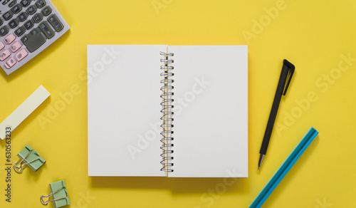 Blank Open Notebook Ring Binder Yellow Background Stationery for Business, School, and Crafts, open notebook with yellow pages
