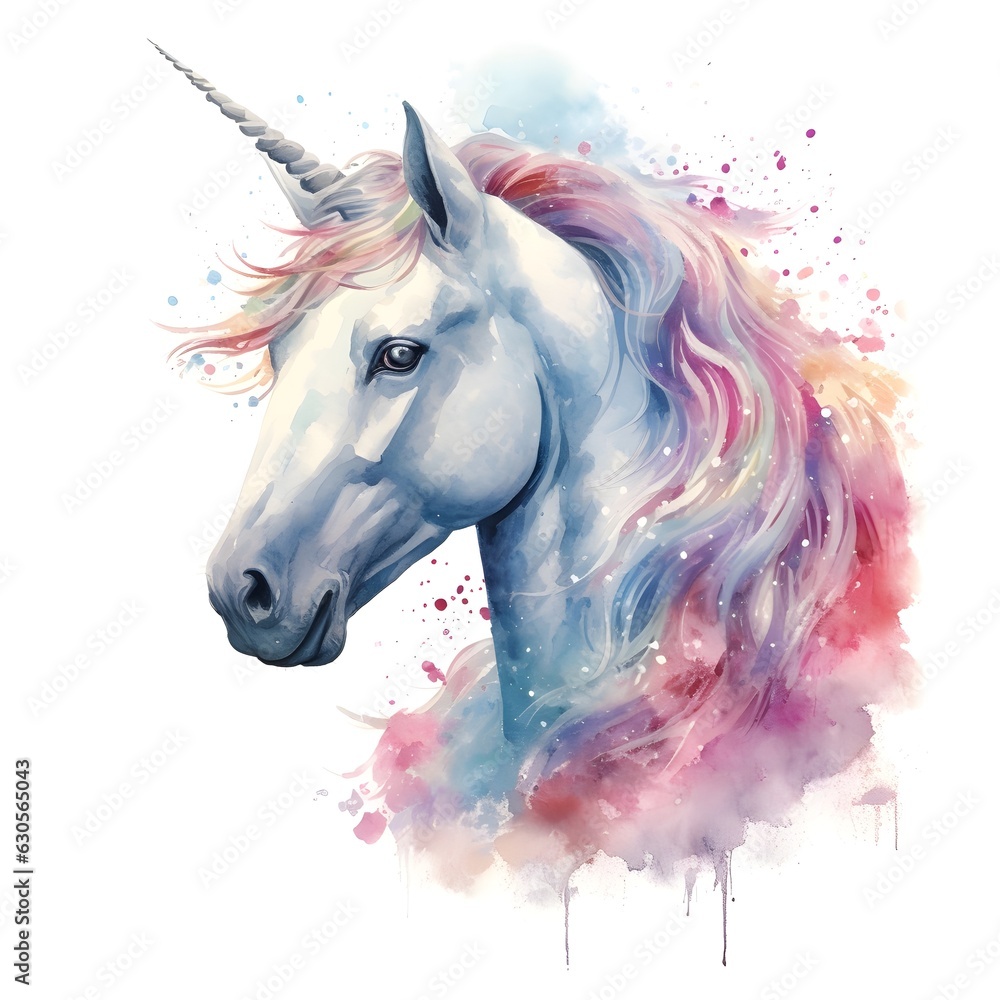 Fototapeta beautiful unicorn with rainbow color isolated on a white background, Watercolor illustration