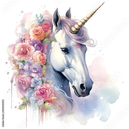 beautiful unicorn with rainbow color isolated on a white background, Watercolor illustration photo