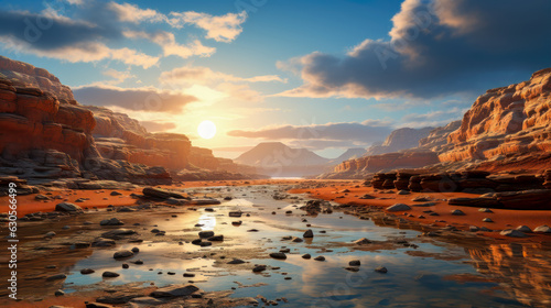 A Peaceful and Serene Scene of a Rocky Canyon on Mars Sunrise over a Red Canyon River AI Generative