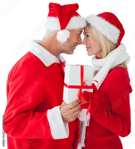 Digital png photo of caucasian couple wearing santa claus costumes on transparent background