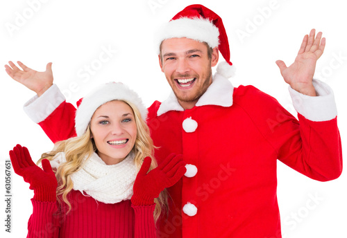 Digital png photo of caucasian couple wearing santa claus costumes on transparent background