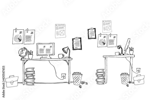 Digital png illustration of office interior with documents and computers on transparent background
