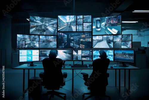 Security Control Room with multipoke Computer Screens Concept. Man watches screen in security control room.