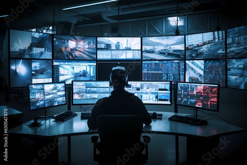 Security Control Room with multipoke Computer Screens Concept. Man watches screen in security control room.