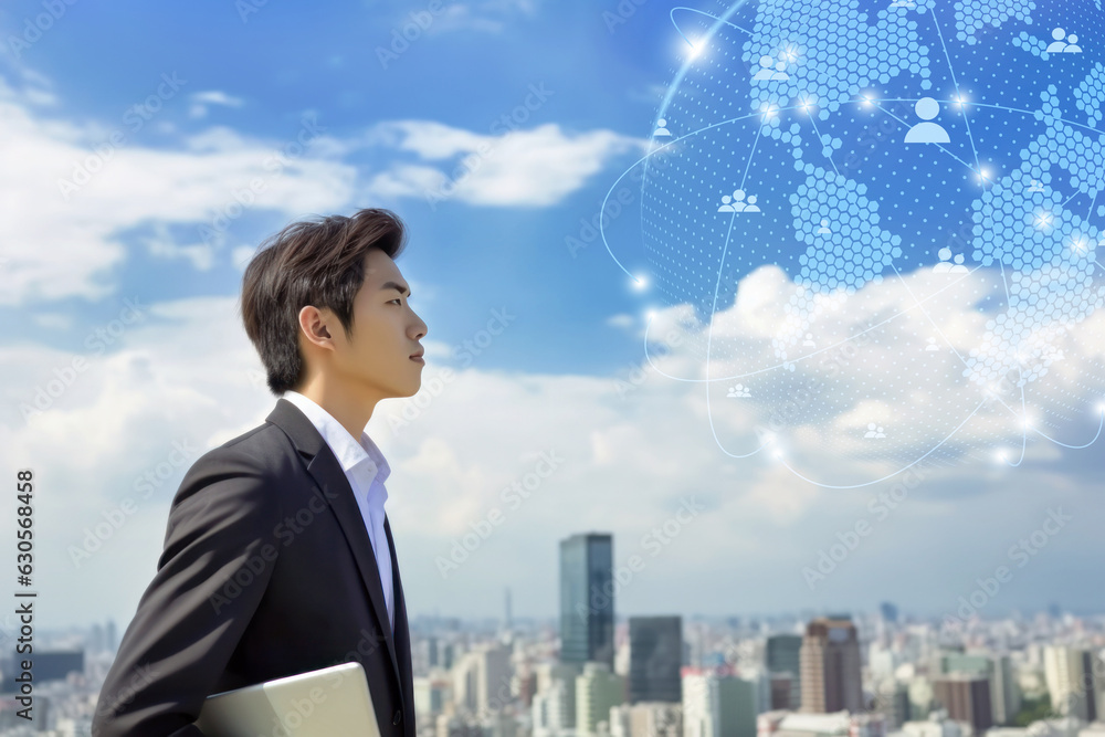 Man with business vision, blue sky and cityscape Man with business vision, blue sky and cityscape