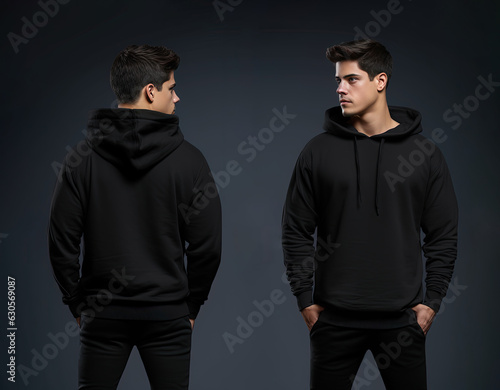 Front and back view of a black hoodie mockup for design print