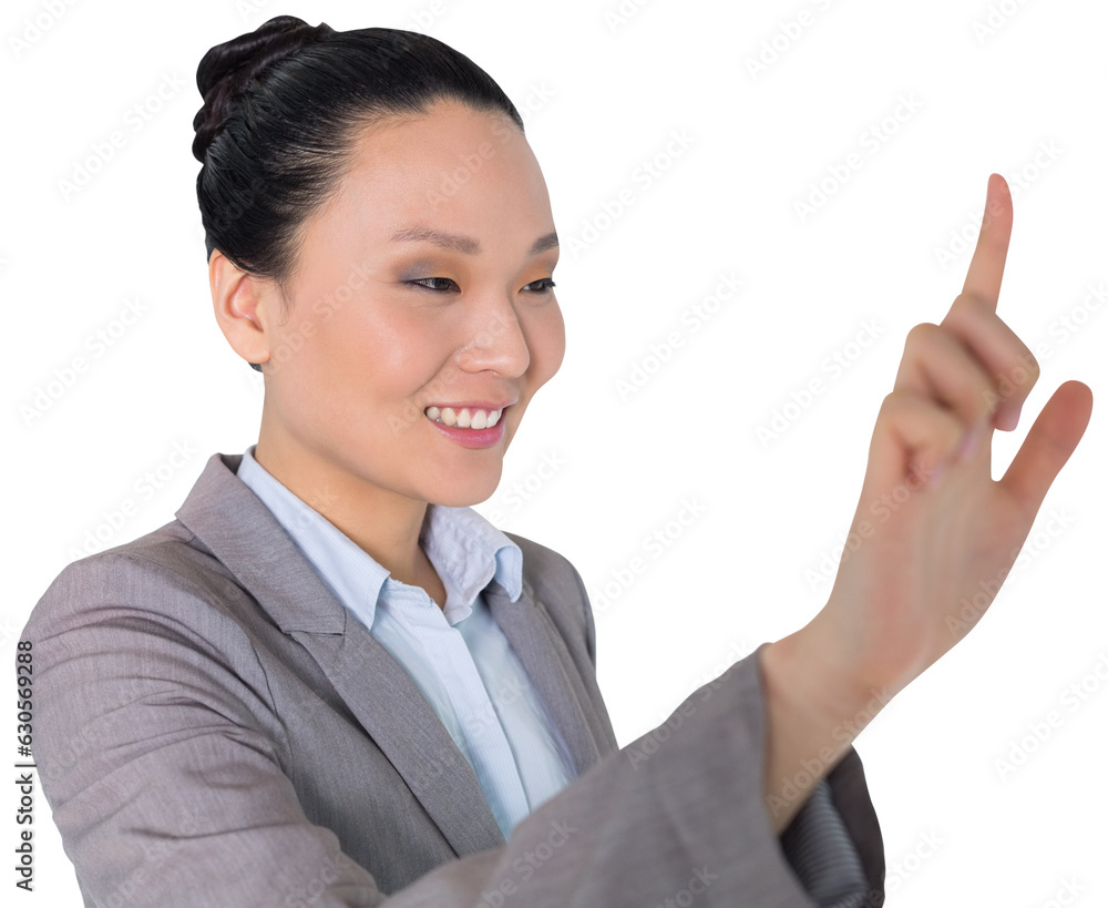 Digital png photo of asian businesswoman touching vitual screen on transparent background Digital png photo of asian businesswoman touching vitual screen on transparent background