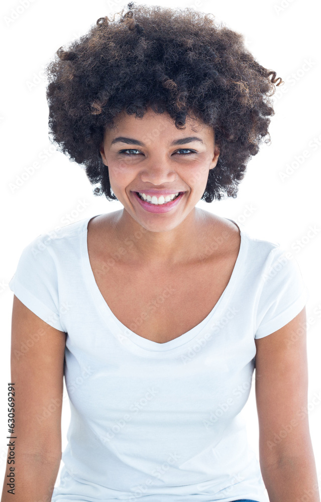 Digital png photo of happy biracial woman with afro on transparent background