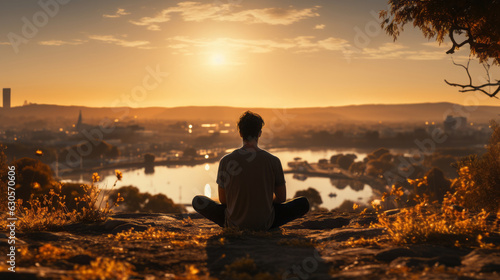 Man meditating in lotus pose at dawn against the background of nature. Golden hour. Yoga.  © Сергей Шипулин