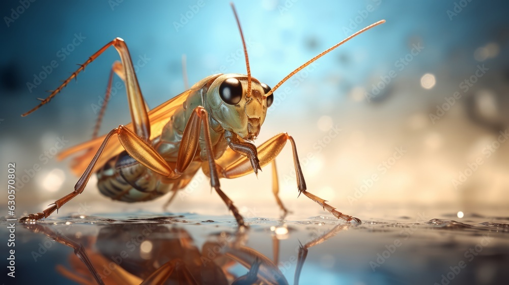 3d rendering of grasshopper on blue background with reflection and water drops. 3d rendering of grasshopper on blue background with reflection and water drops.