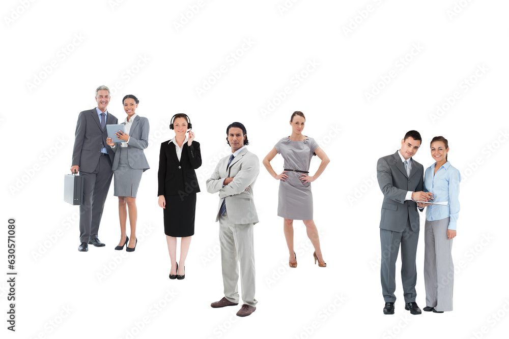 Digital png photo of happy diverse women and men businessmen standing on transparent background