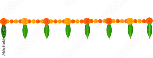 Traditional Indian Marigold Flower Garland with Mango leaves. Decoration for Indian hindu holidays or weddings or Puja Festival, Indian Festival flower decoration
