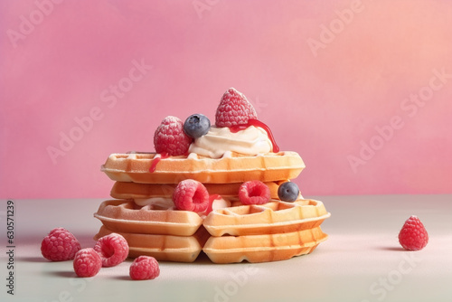 Raspberry waffles with cream on pastel colored background