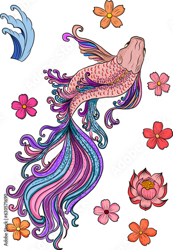 Golden Koi carp on red background for auspiciousness of Chinese new year.Gold fish for festival on backdrops.Beautiful line art of koi fish.Siam Beta fish vector.