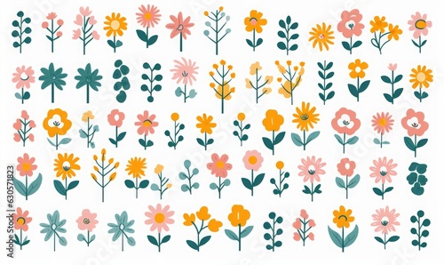 Trendy floral icon illustration set. Vintage style flowers on isolated background. Colorful pastel color spring doodle collection. Wedding nature symbol, romantic graphic, Generative AI