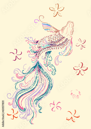 Golden Koi carp on red background for auspiciousness of Chinese new year.Gold fish for festival on backdrops.Beautiful line art of koi fish.Siam Beta fish vector.