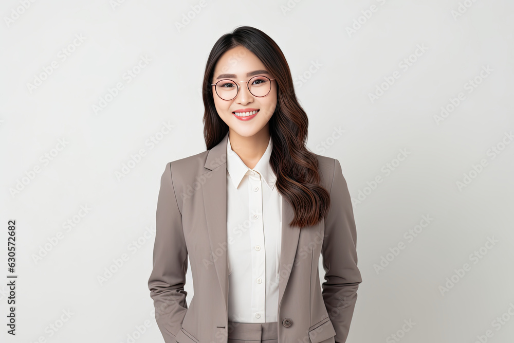 businesswoman in eyeglasses standing isolated on grey background businesswoman in eyeglasses standing isolated on grey background